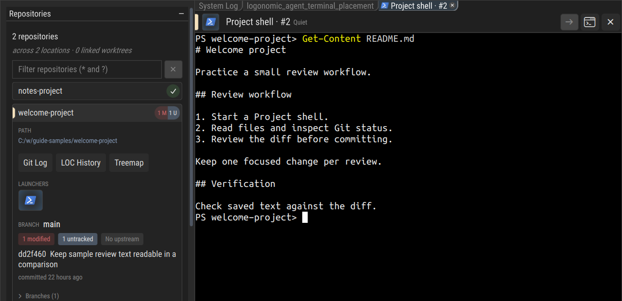 Selected sample repository with a Project shell reading its README and Git status.