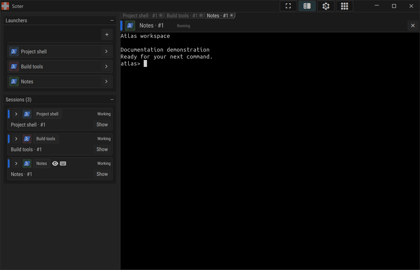 Soter workspace with Launchers and Sessions on the left, terminal tabs beside them, and the overview grid button in the title bar.